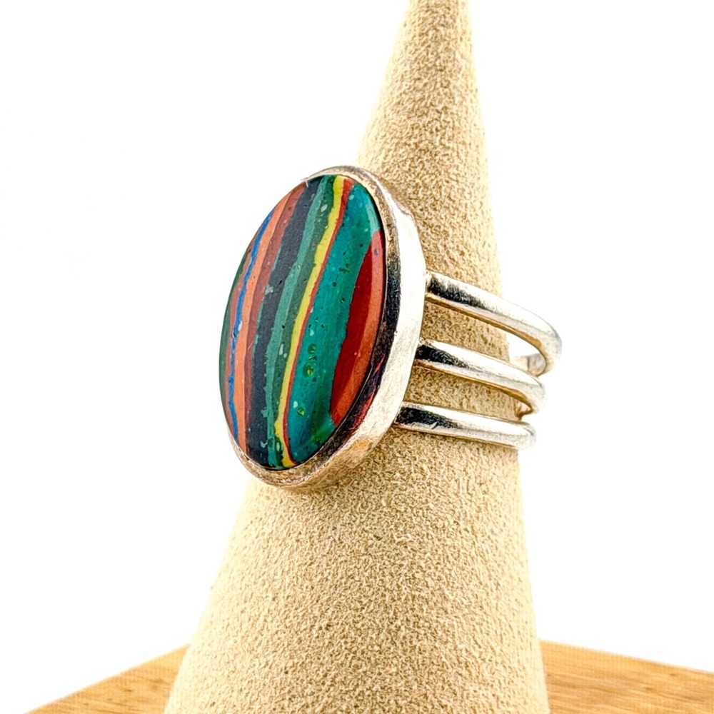 Statement Sterling Silver Multi Color Rainbow Calsilica Stripe Ring Size 8